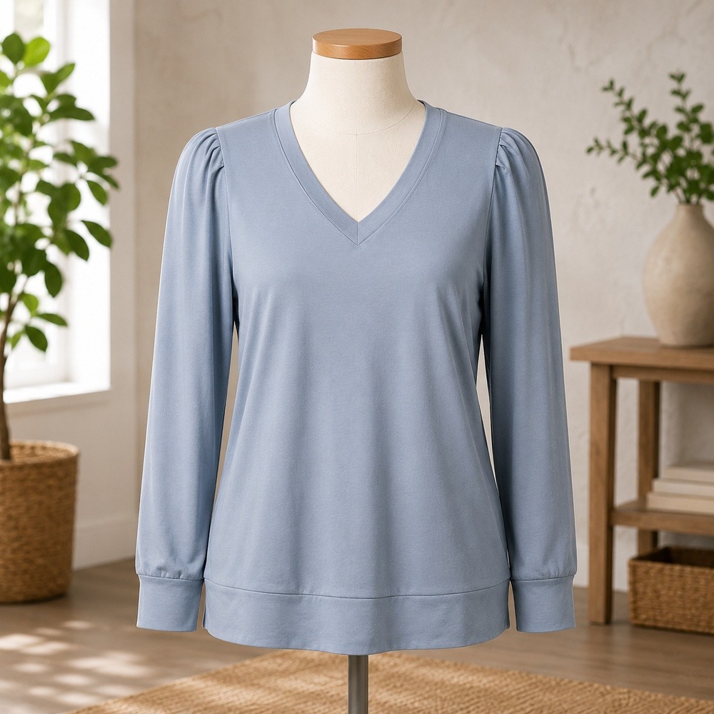 AnyBody V-Neck‎ Long Sleeve Top Womens 2XT Blue Gray Pleated Puff Shoulder 1630